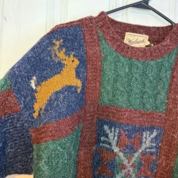 Deadstock green maroon blue Woolrich Wool Winter Crewneck Sweatshirt Size Large - Picture 2 of 8